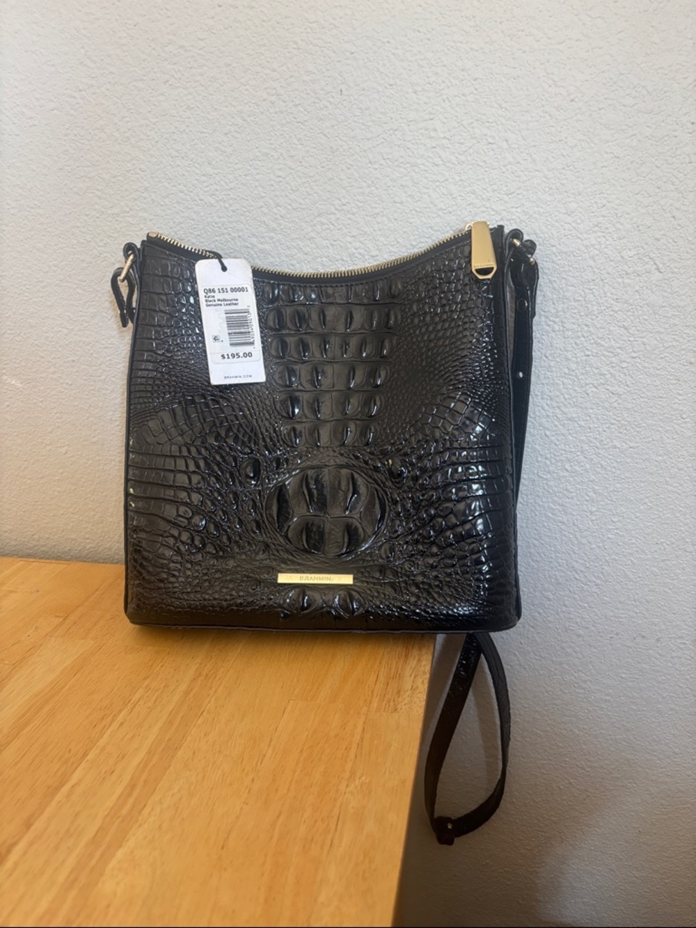 Brahmin Black Croc-Embossed Leather Hobo Crossbody